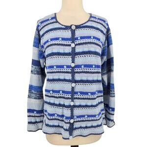 Storybook Knits Blue Stripe Cardigan – Beaded Buttons, Embroidered 3D Florals